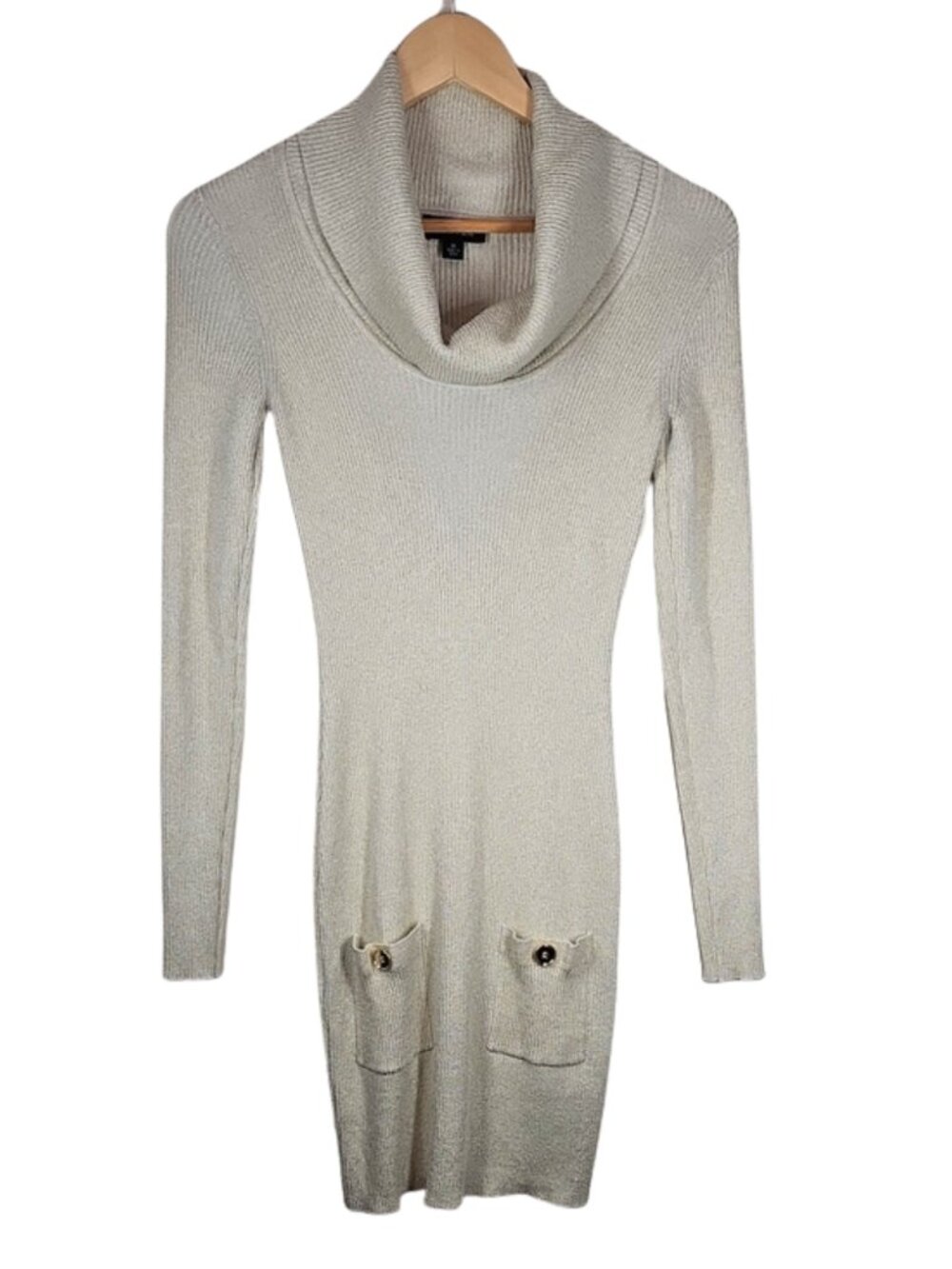A. Byer Metallic Gold Cowl Neck Sweater Mini Dress Size M Bodycon Pocket Y2K
